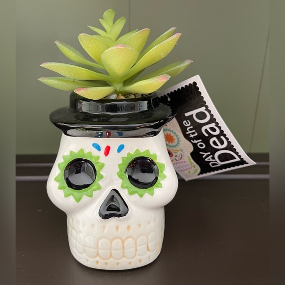 Sugar Skull Faux Succulent 5” Ceramic Planter Valentine's Day Black Green NWT - Picture 1 of 5